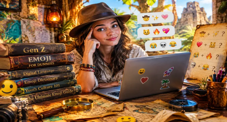 a woman in a cowboy hat trying to decode emojis in an Indiana Jones setting with a book called "GenZ emojis for dummies" beside her
