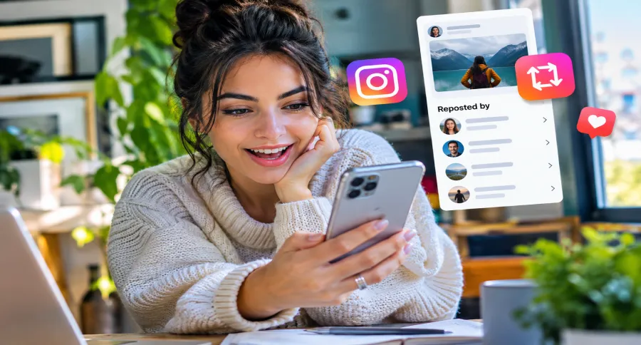 a girl checking her Instagram with Instagram repost logo floating around her