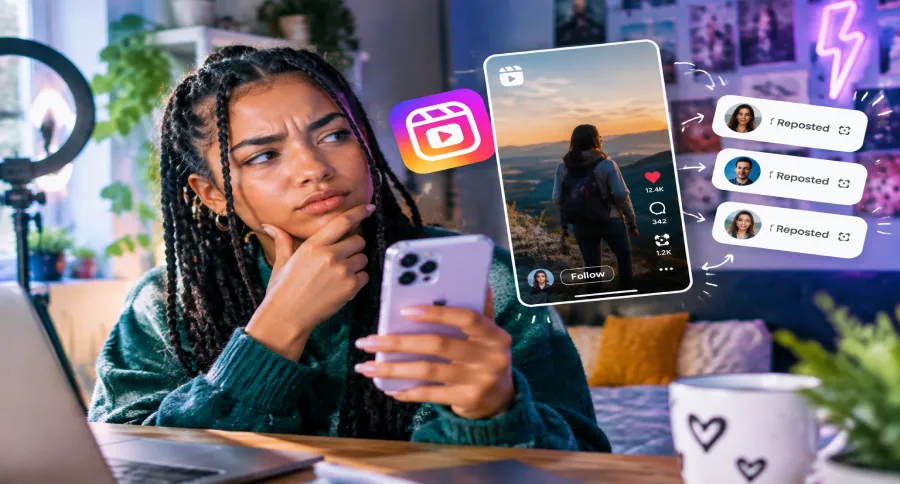 A girl with long hair holding a phone with an Instagram Reel and the word reposted beside it