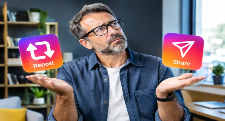 a man holding an Instagram Repost logo in one hand and an Instagram share logo in another hand