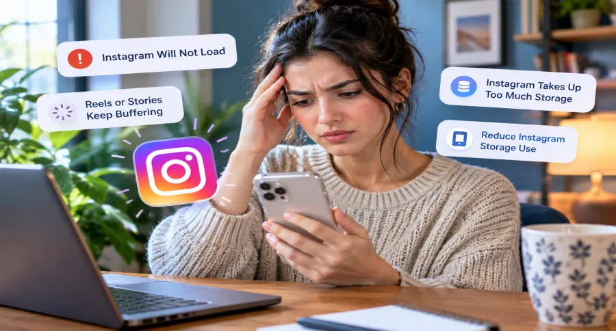 a woman in a home office, holding her phone looking overwhelmed and confused with different Instagram problems floating around her