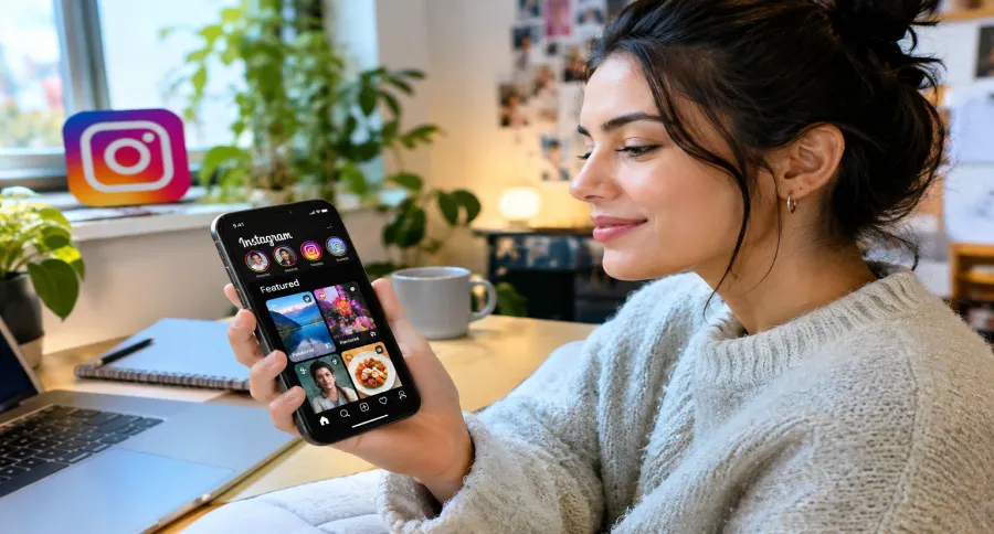 a woman holding a phone with the Instagram app open on it