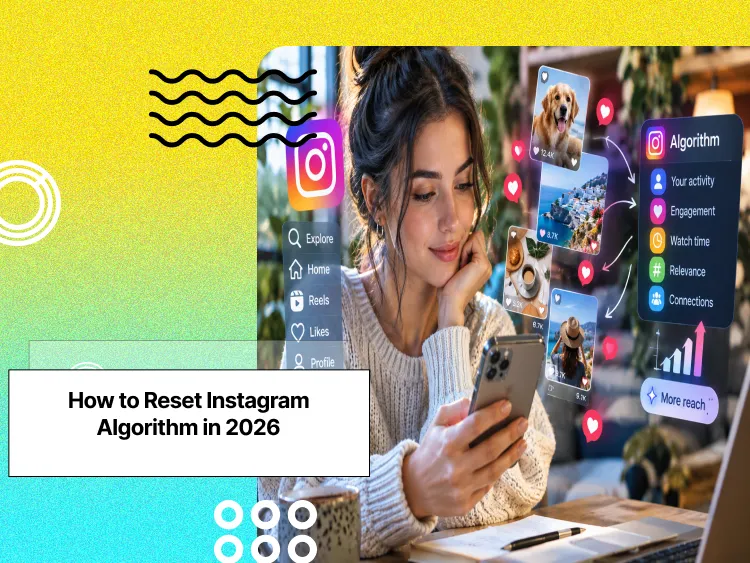 A girl looking at her phone with Instagram's logo and Algorithm parameters floating around her