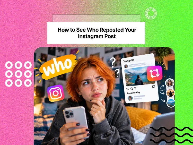 A girl with orange hair holding a phone with the word "who"" and Instagram logo floating around her