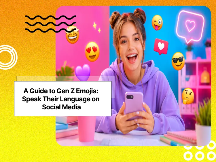 a woman in pigtails holding a phone with different emojis floating around her