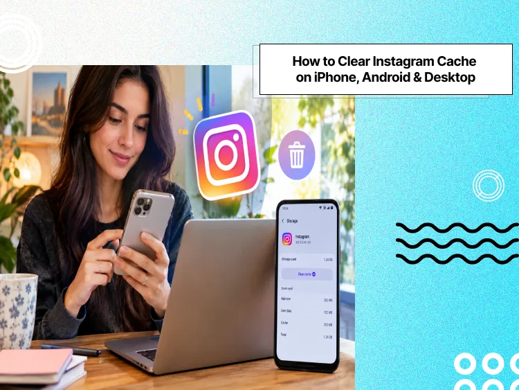 a woman working on her phone with the Instagram's icon and a trash icon floating beside her