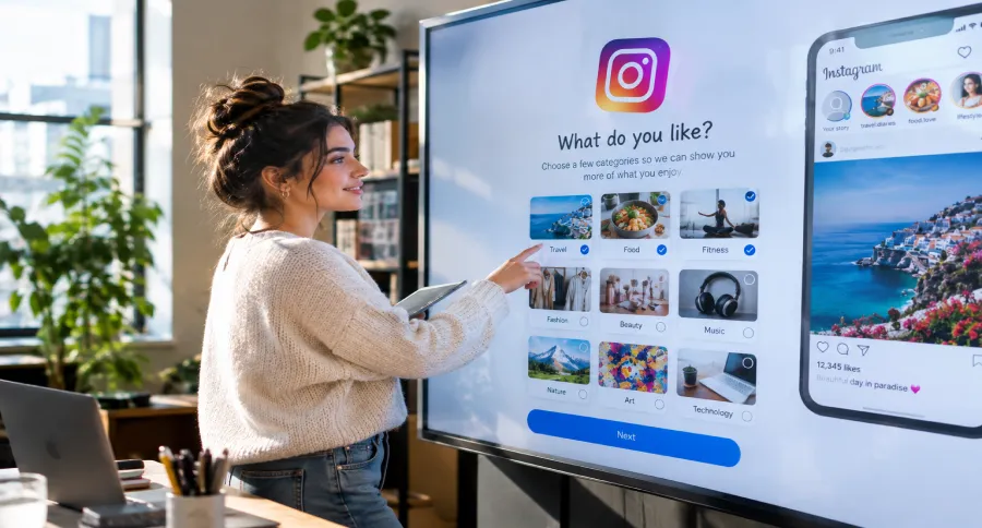 A woman standing in front of a digital board, choosing her favorite topics on Instagram