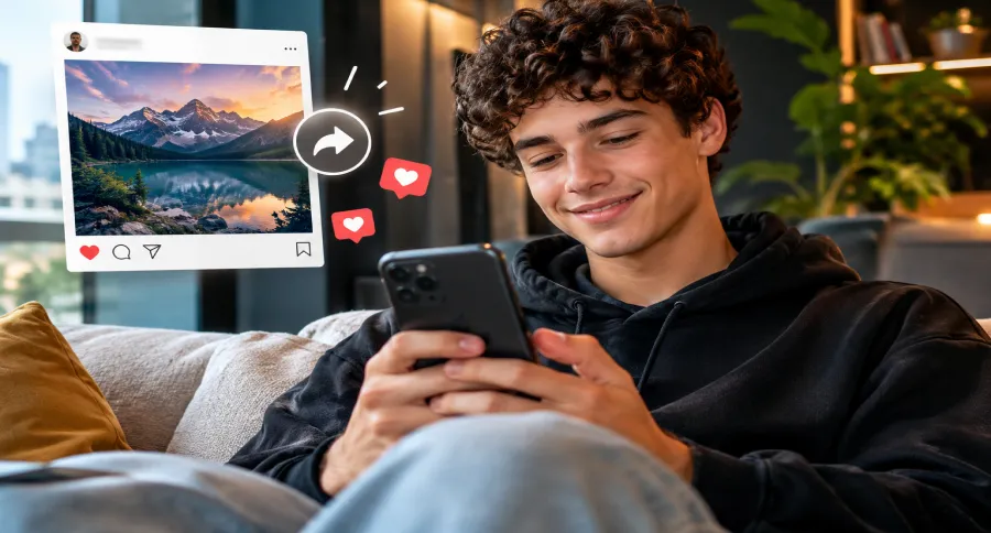 a teenage boy sitting on a sofa working with his phone an Instagram post floating beside him 