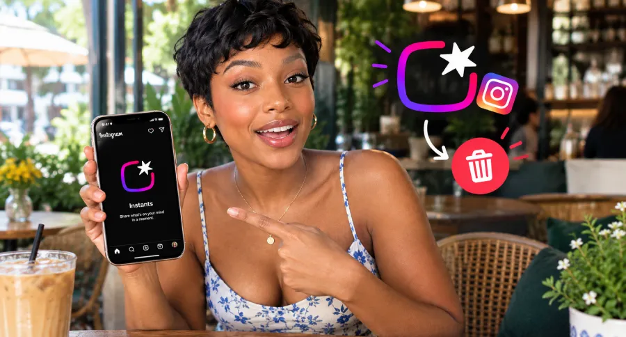 a woman in a cafe, holding a phone with Instagram Instants logo on the screen and a trash can logo floating beside her