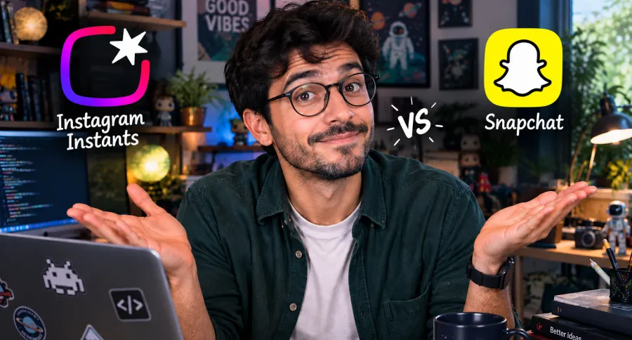 a man with glasses in an office with Snapchat and Instagram Instants logo beside him with a contemplative expression on his face