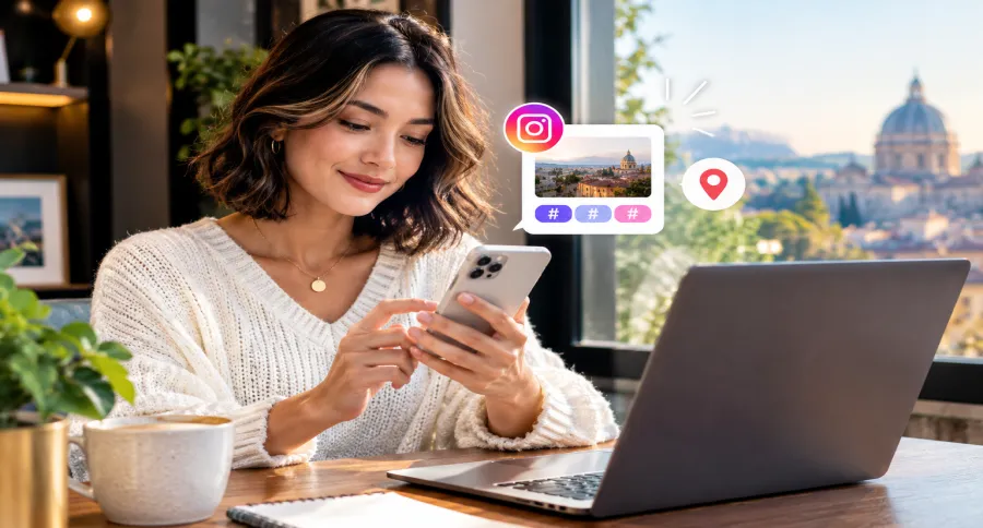 a girl sitting in an office working on her phone , with hashtags and location symbols floating beside her