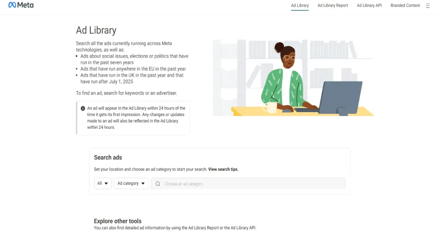 Meta Ad Library home page