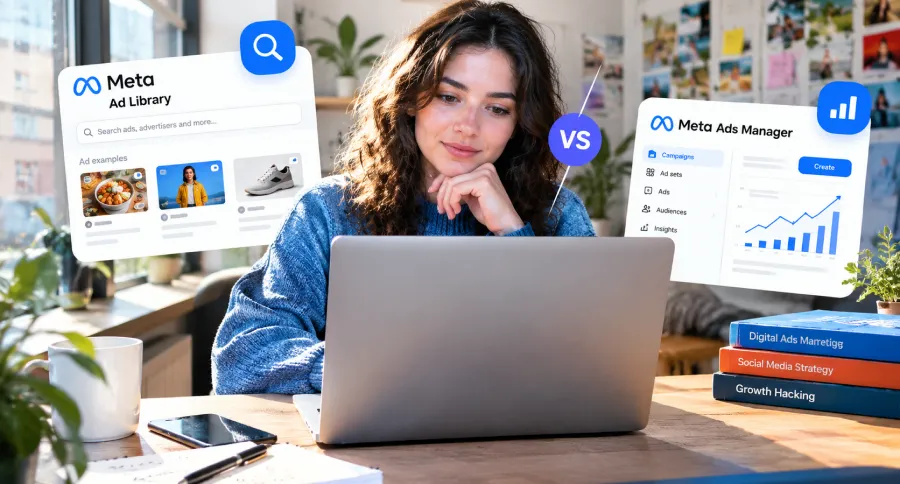 a woman working in an office comparing Meta Ad Library vs. Meta Ads Manager