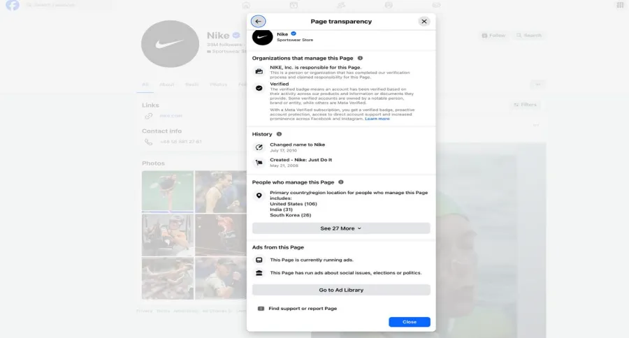 Meta Ad Page Transparency for Nike's facebook profile