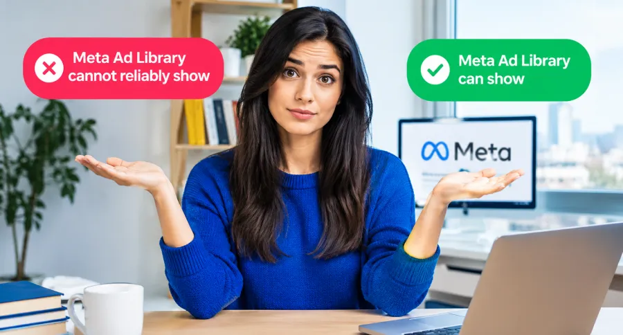 a woman in an office with the lists of what Meta Ad library can and can not do on a sticky note beside her