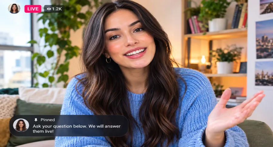 a woman talking in an Instagram Live setting