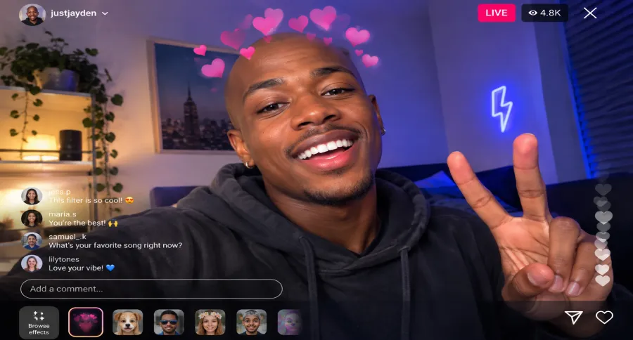an influencer doing an Instagram live with heart filter on