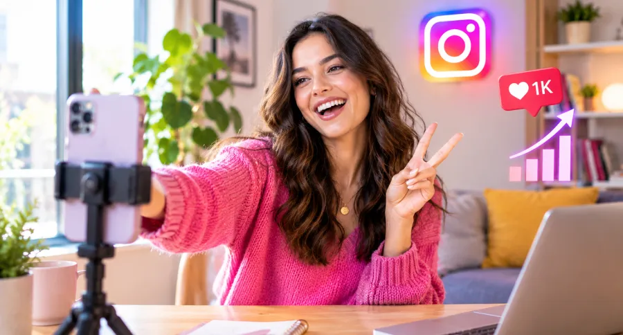 a woman filming in her home trying to go viral on Instagram with Instagram's logo and like count showing in the background