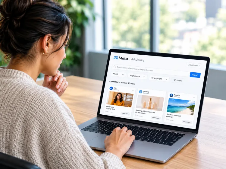 A woman sitting at a desk, looking through Meta Ad Library on her laptop