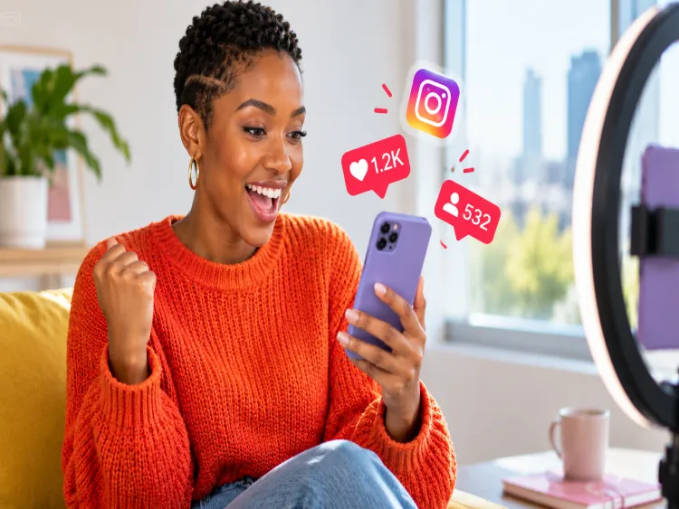 a woman holding her phone looking happy about the amount of likes she is getting on Instagram