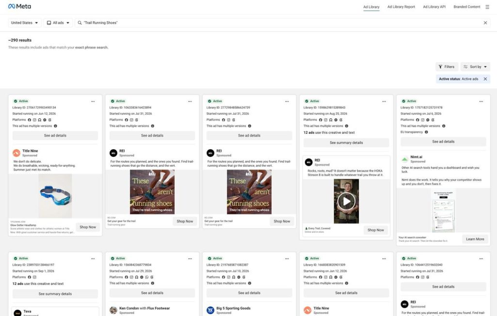 Meta Ad Library's search section filtered by keyword