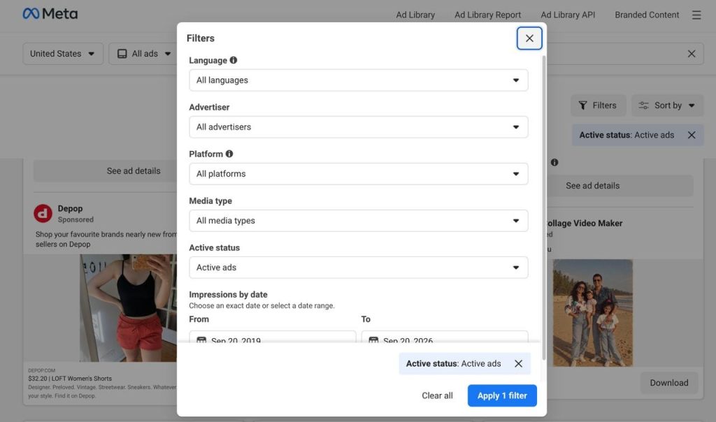 Meta Ad Library Filters view